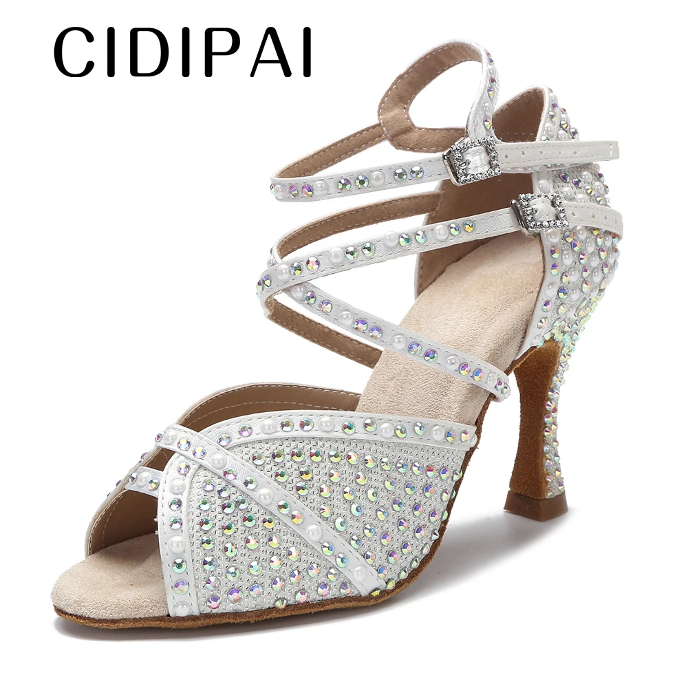 CIDIPAI-zapatos de baile de fiesta para mujer, calzado de satén con diamantes de imitación, fondo suave, baile latino, Salsa, boda