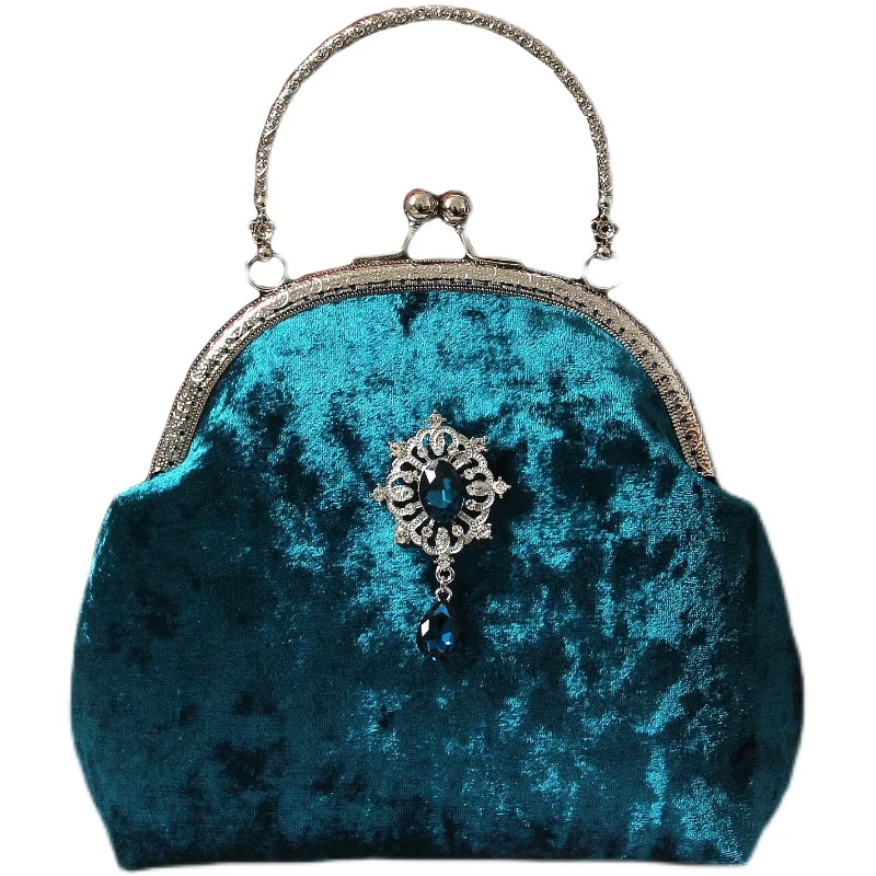 Lost in Vintage Petrol Blue Velvet Elegant Evening Bag Metal Kiss-lock Frame in Silver with Crystals and Rhinestones Wedding