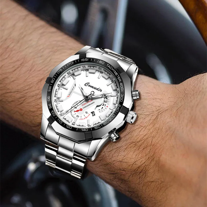 ساعة كوارتز حركة ساعة رجالية غير لامعة تقويم مجوف مقاوم للماء مضيئة سوار فولاذي مكرر بسيط