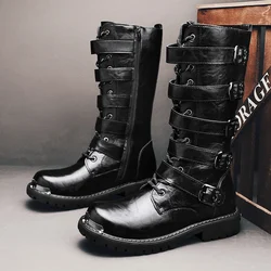 Black Fashion Punk Men Motorcycle Boots Zipper Leather High Boots for Man Metal Design Men's Rock Boots Plus Size 48 botas altas