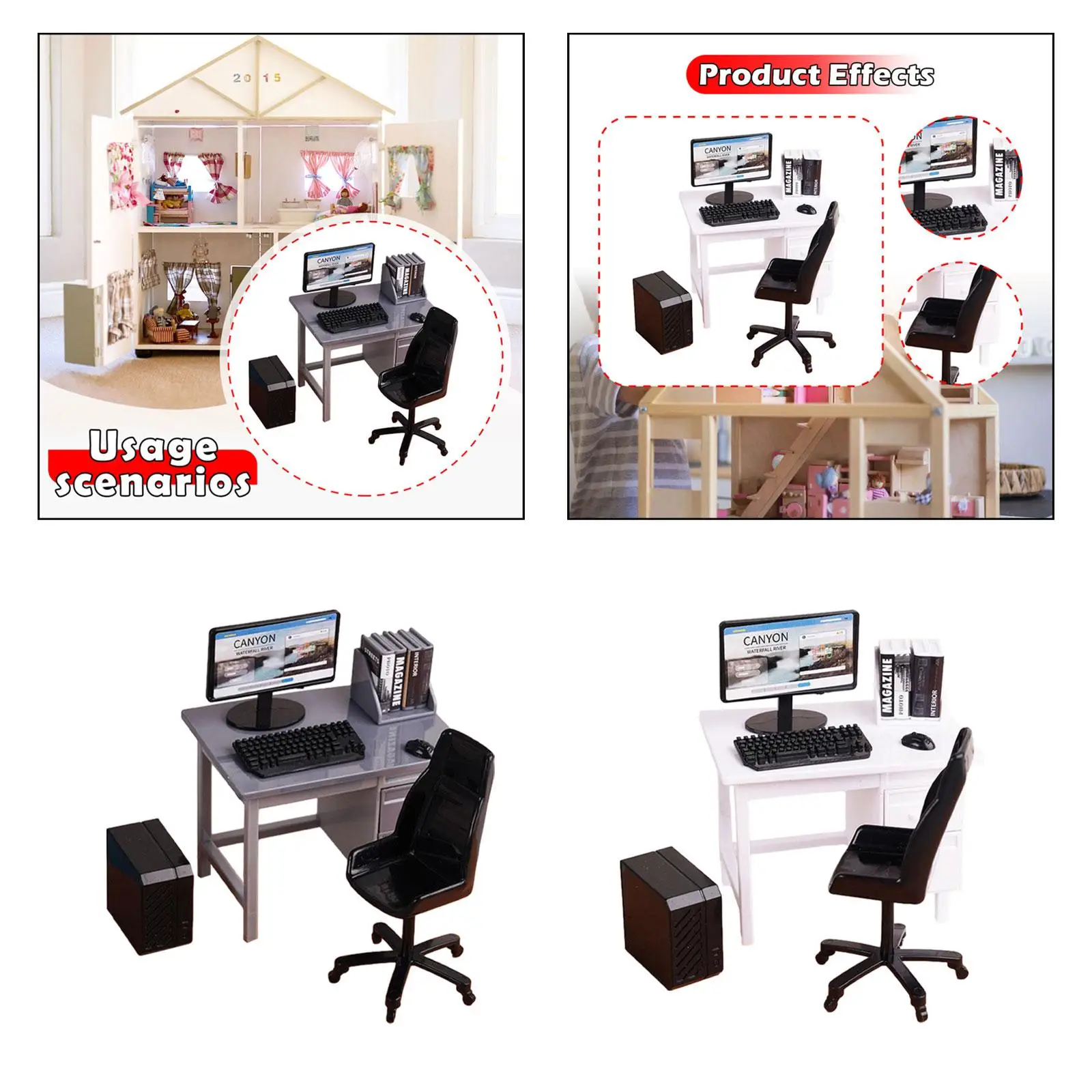 Bureau d'ordinateur et chaise miniatures avec modèle de clavier pour jardin féerique, 1/12