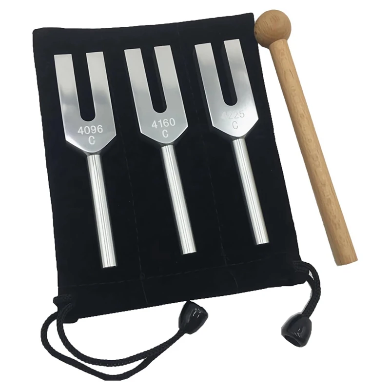 

Angel Tuning Fork Set - 4096 Hz, 4160 Hz, 4225 Hz - Therapeutic Instrument Set with Wooden Strike and Storage Bag