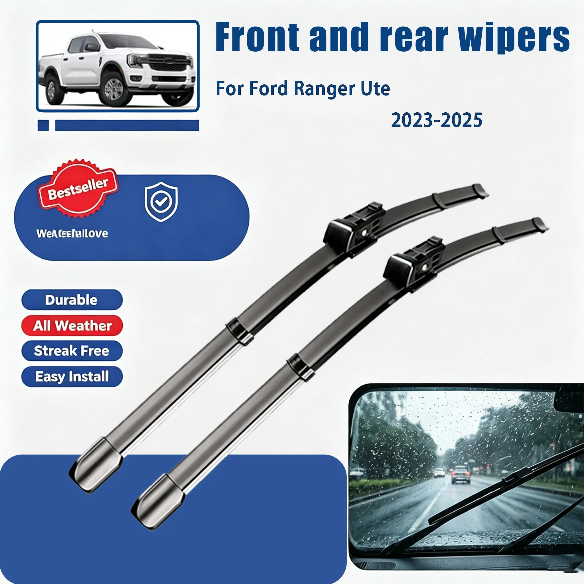 For Ford Ranger Ute 2023-2025 Car Front Windshield Wiper Blades Durable Rubber All Weather Clear Vision Auto Accessories