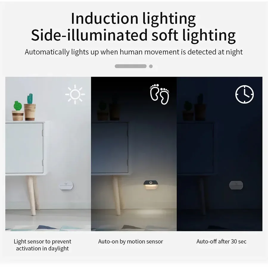 Sensore LED Luce notturna ad angolo rotondo Luce calda/fredda Luce adesiva per armadio Camera da letto Bagno Illuminazione notturna Luci con sensore PIR