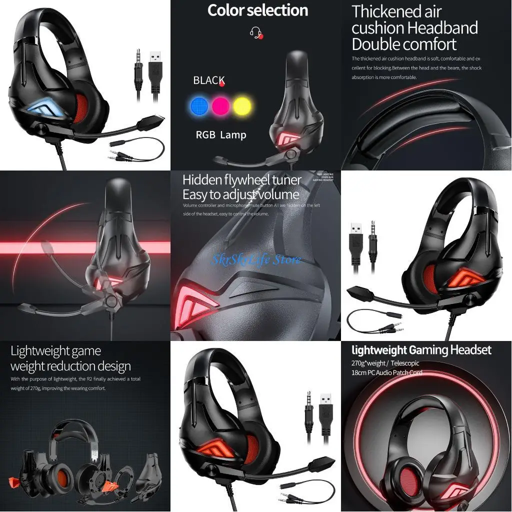 

E65E 3.5mm Headphones Corded Gaming Headset Earphones with LED Light For Game PC Headset With Microphone Accessories