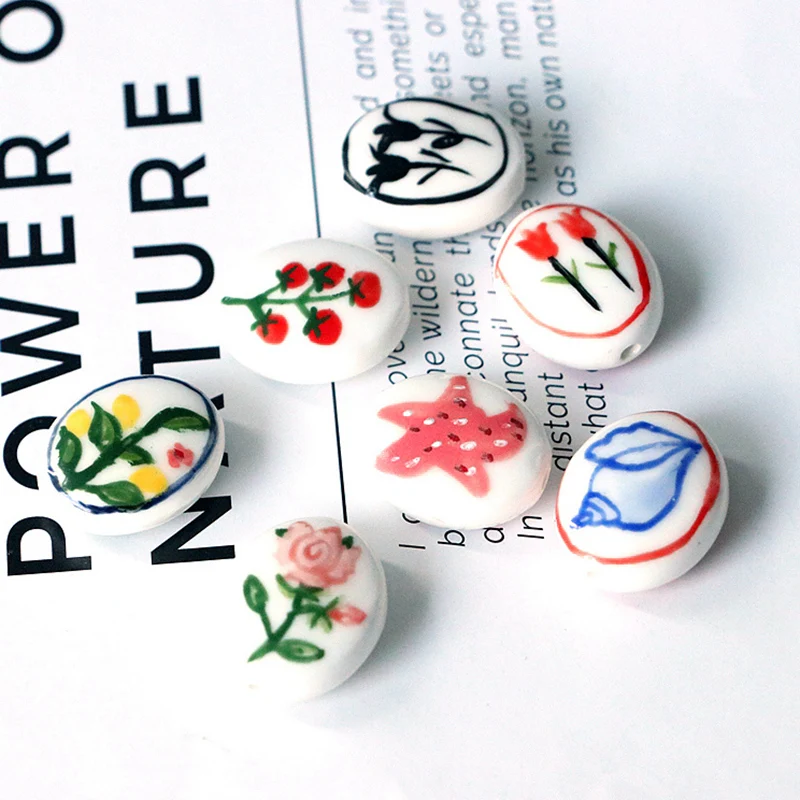 

10Pcs /Ceramic Tulip Flower Pattern Beads Oval Multicolor Spacer Beads DIY Making Bracelets Necklace For Women Jewelry Findings