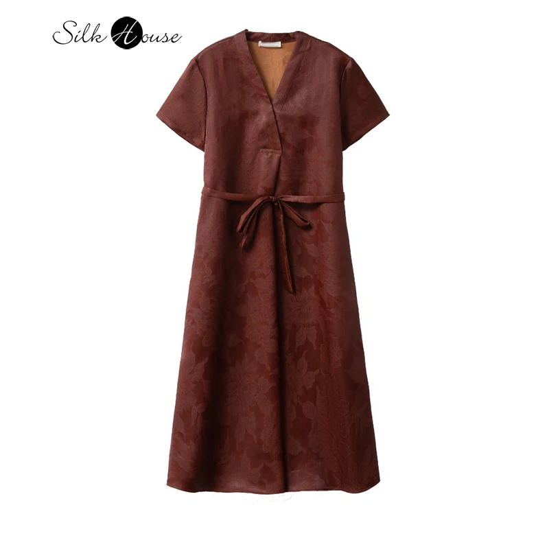 

Fashion Women's Clothing Old Material 100% Natural Mulberry Silk Jacquard Red Cloud Yarn V-neck Short Sleeved Lace Up Dress