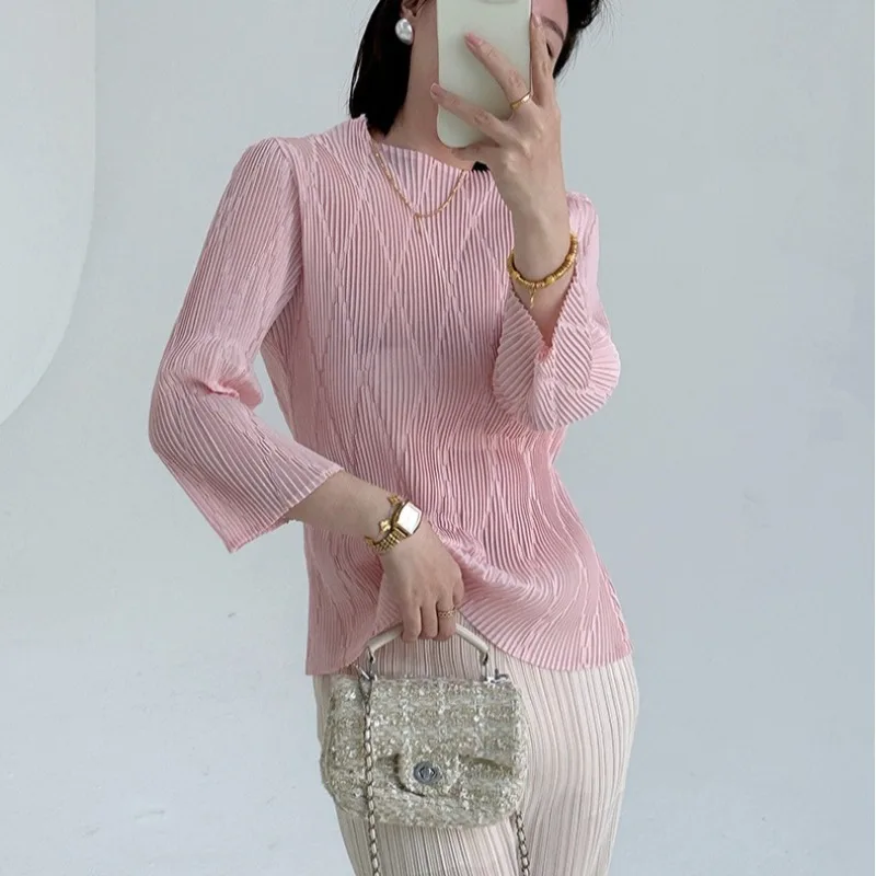 

Футболка Miyake 2026: Новая женская плиссированная блузка с круглым вырезом, длинным рукавом, из легкой немнущейся ткани, для повседневной носки и офиса