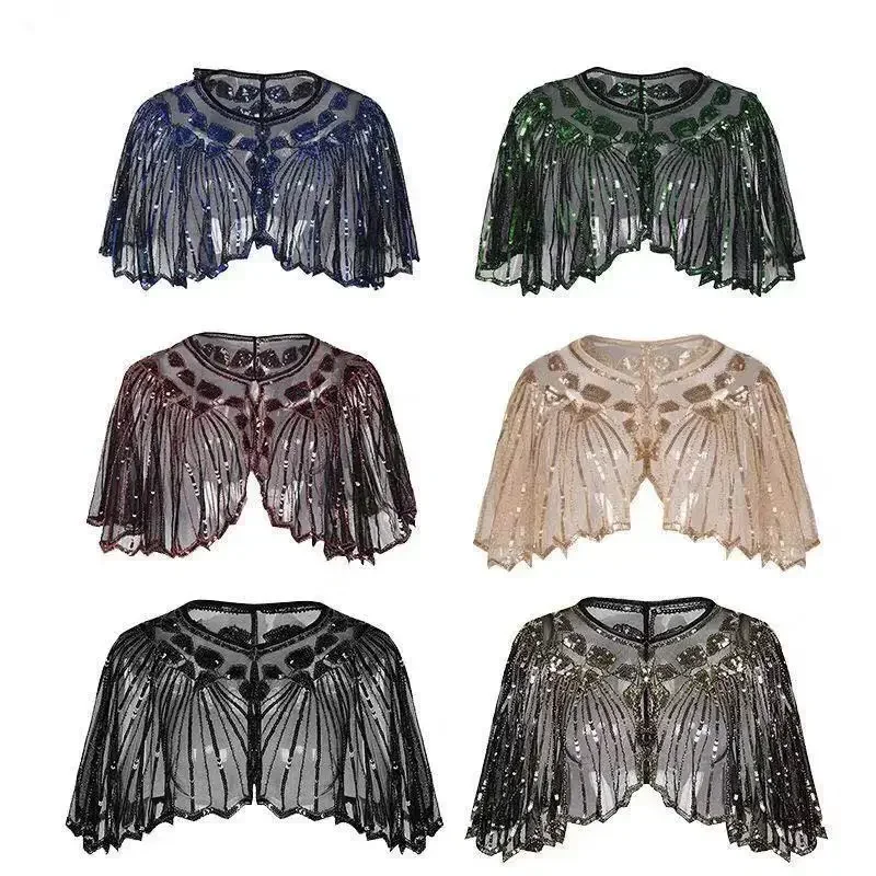 Nuovo scialle di paillettes con perline retrò Vintage Flapper donna Bolero Party Dress accessori mantello da sera Sheer Mesh ricamo foglia