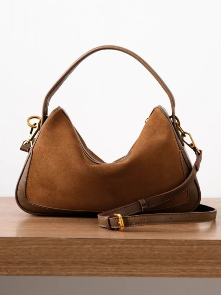 Office Ladies Elegant Suede Cowskin Genuine Leather Tote Handbag Women Spliced Design Single Shoulder Bag Vintage Messenger Bags