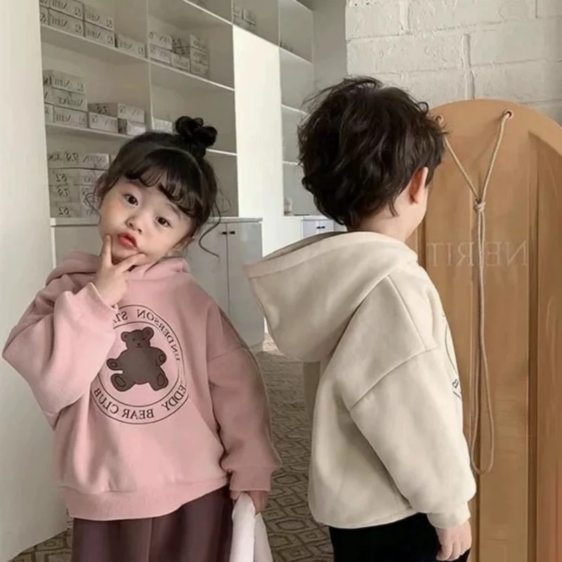 

2026 Cute Bear Plush Kids Sweatshirts Hoodies Korean Winter Kids Wear Thick Plush Sweater Toddler Chdlren Clothes Outer Wear