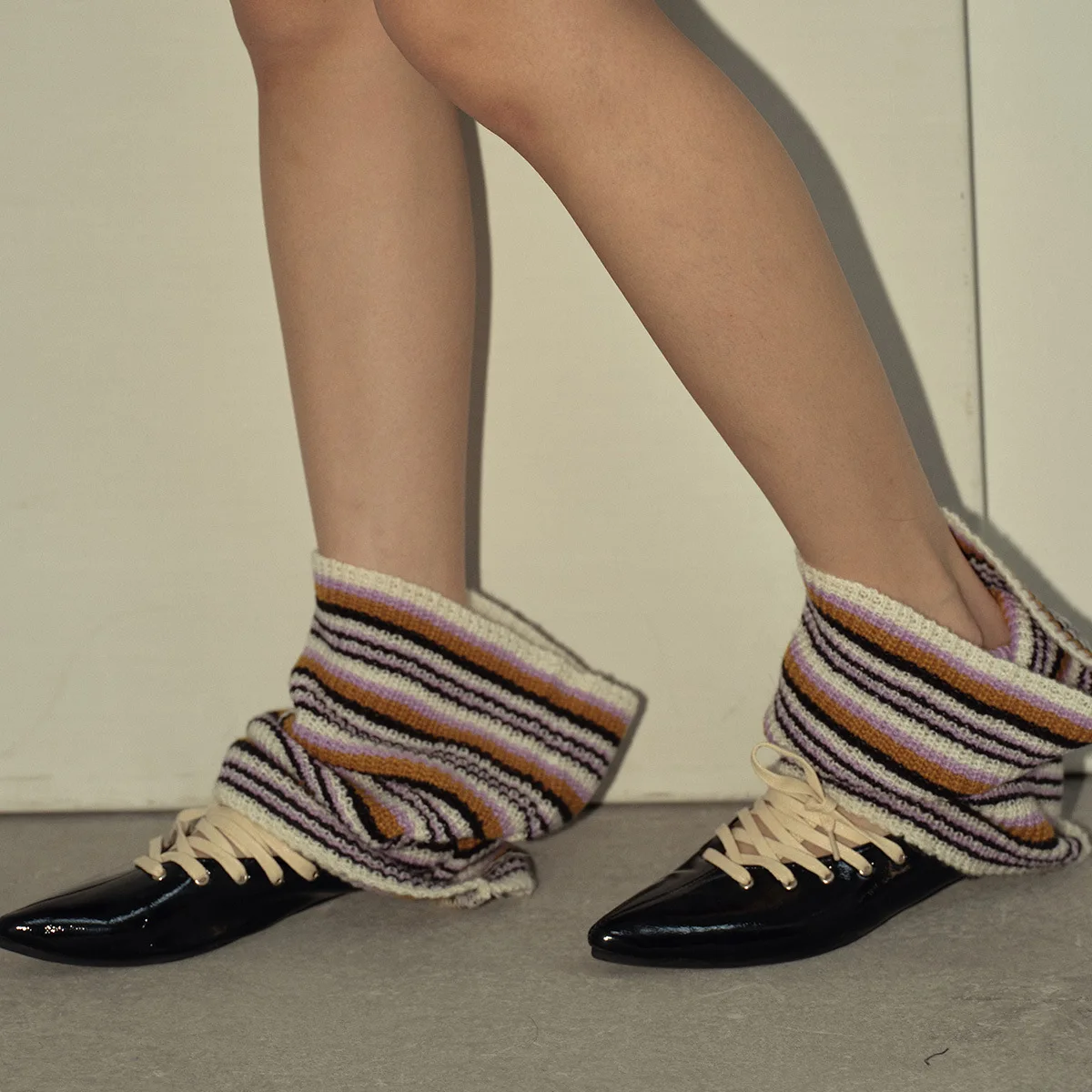 와이드 스트라이프 울 혼방 스택 니트 레그 워머 여성용 가을 겨울【디자이너 스타일 따뜻하고 다용도】