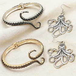 Fashion Octopus Tentacle Open Cuff Bracelet Arm Bangle Women Big Drop Dangle Earring Tentacle Animal Hinged Vintage Goth Jewelry