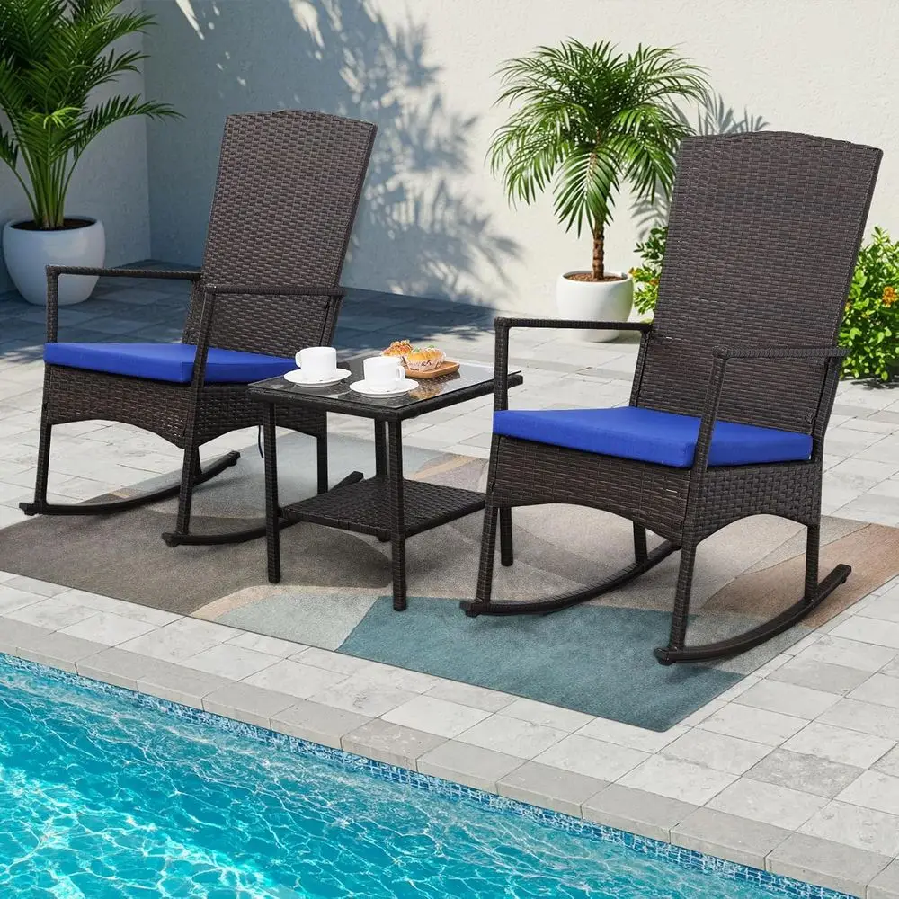 

3-Piece Outdoor Wicker Rocking Chair Set with 2 Armchairs and Glass Coffee Table, Blue Washable Cushions