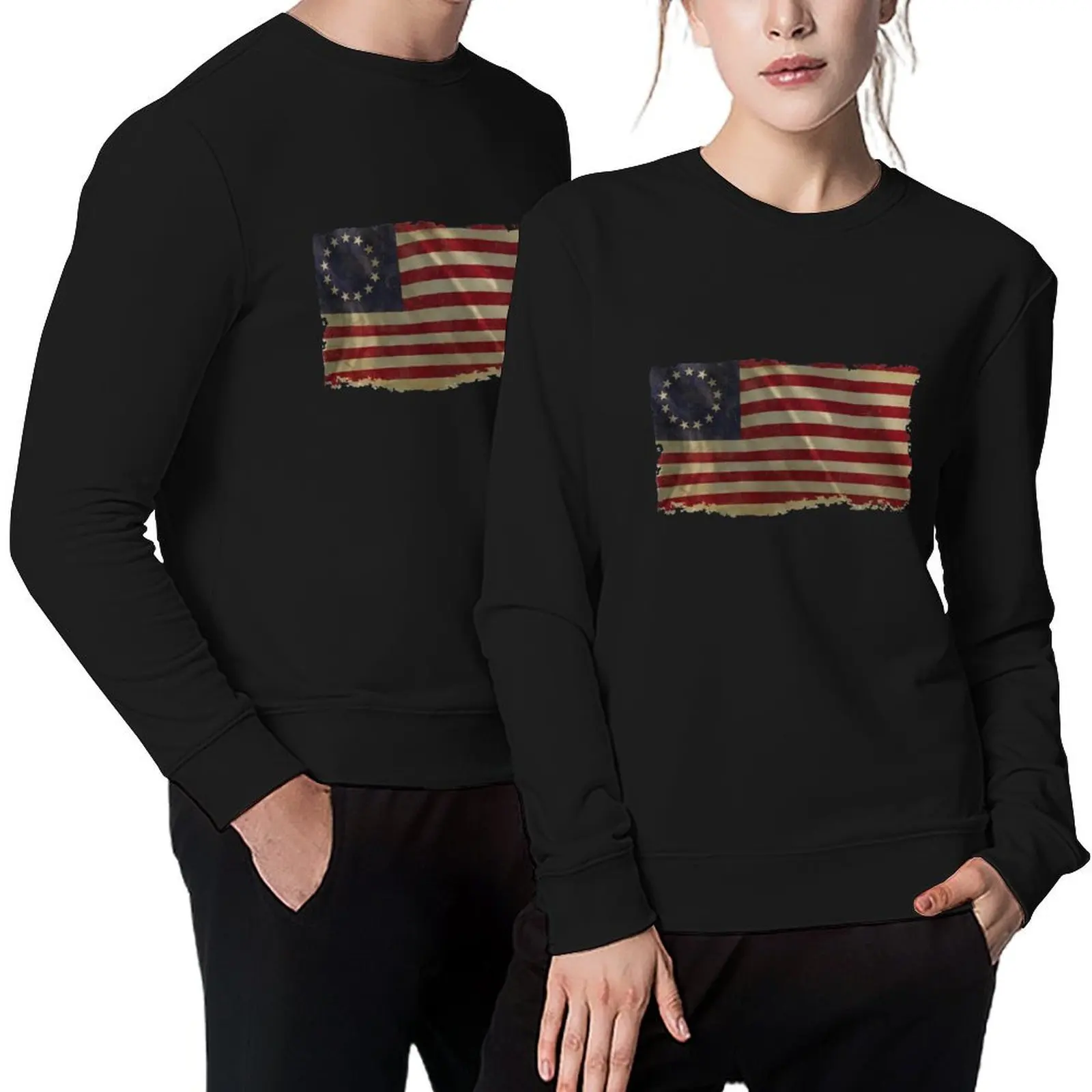 

Betsy Ross American Flag Distressed Vintage Style 13 Star Flag Pullover mens clothing fashion men men's sweatshirts