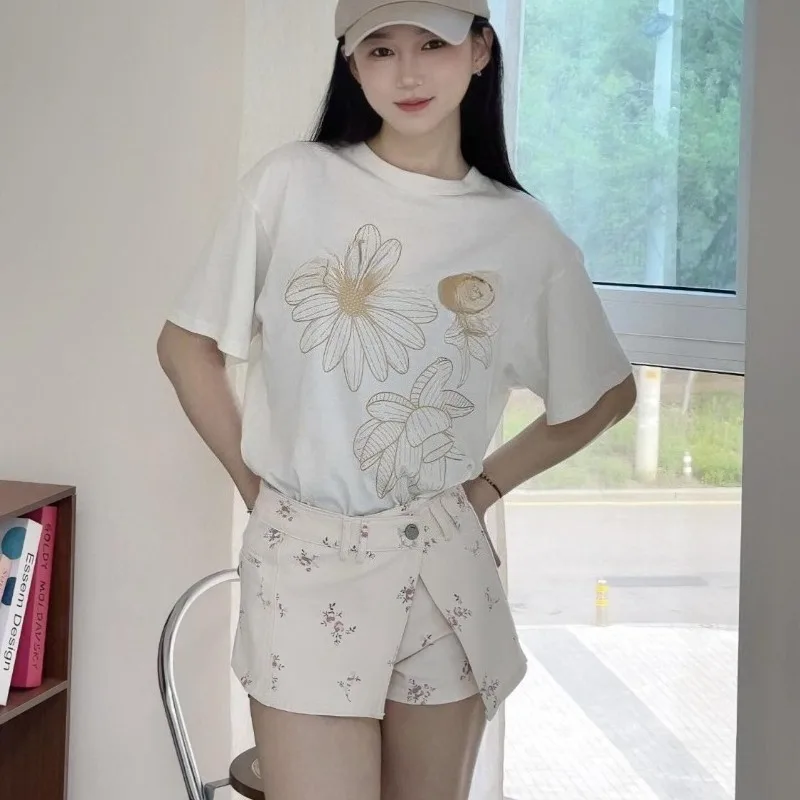 

Women's Short Sleeve Daisy Print T Shirt Summer Loose Cotton Casual Top Couple Matching