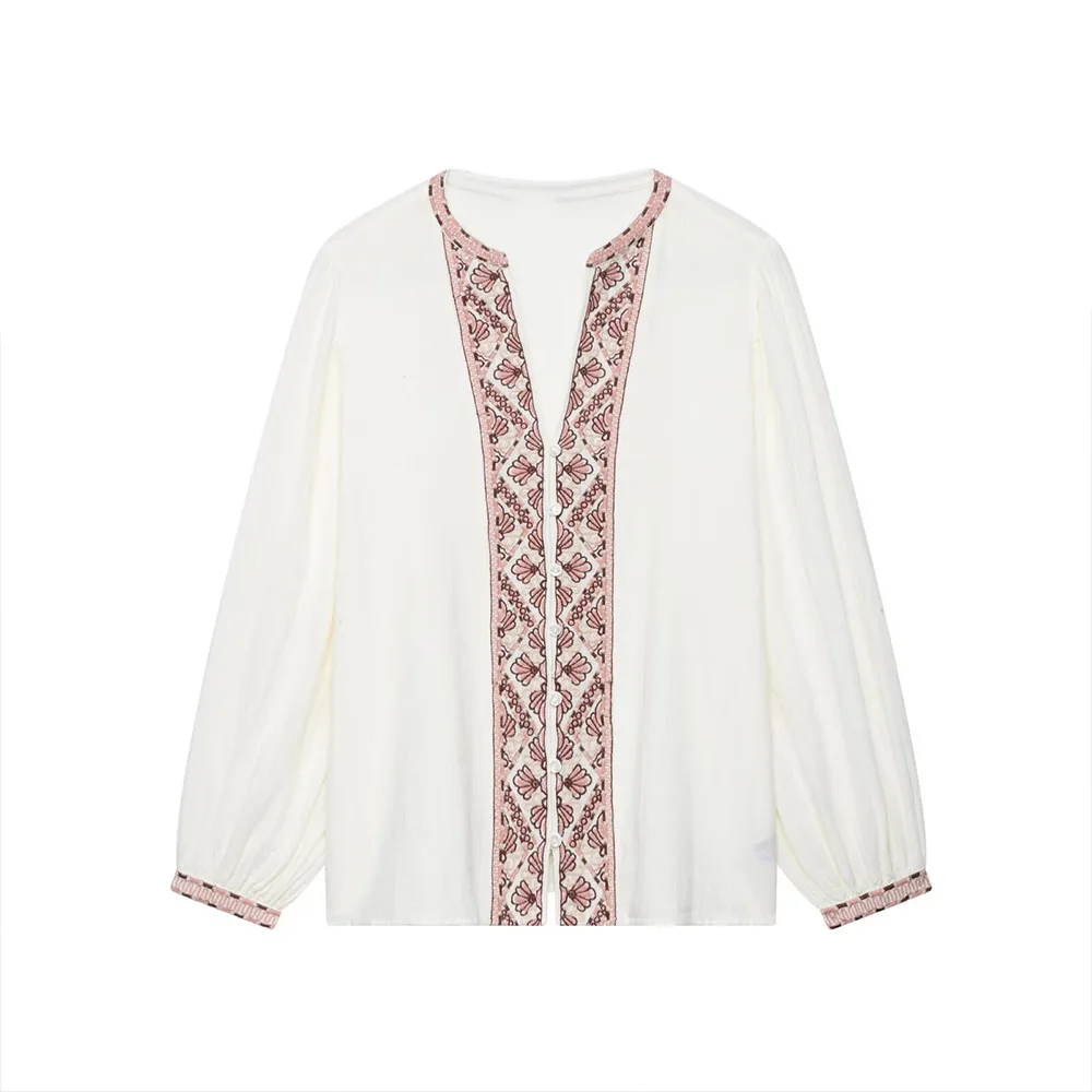 

Ethnic style 2025 new European and American style spring women's loose long-sleeved casual embroidered shirt