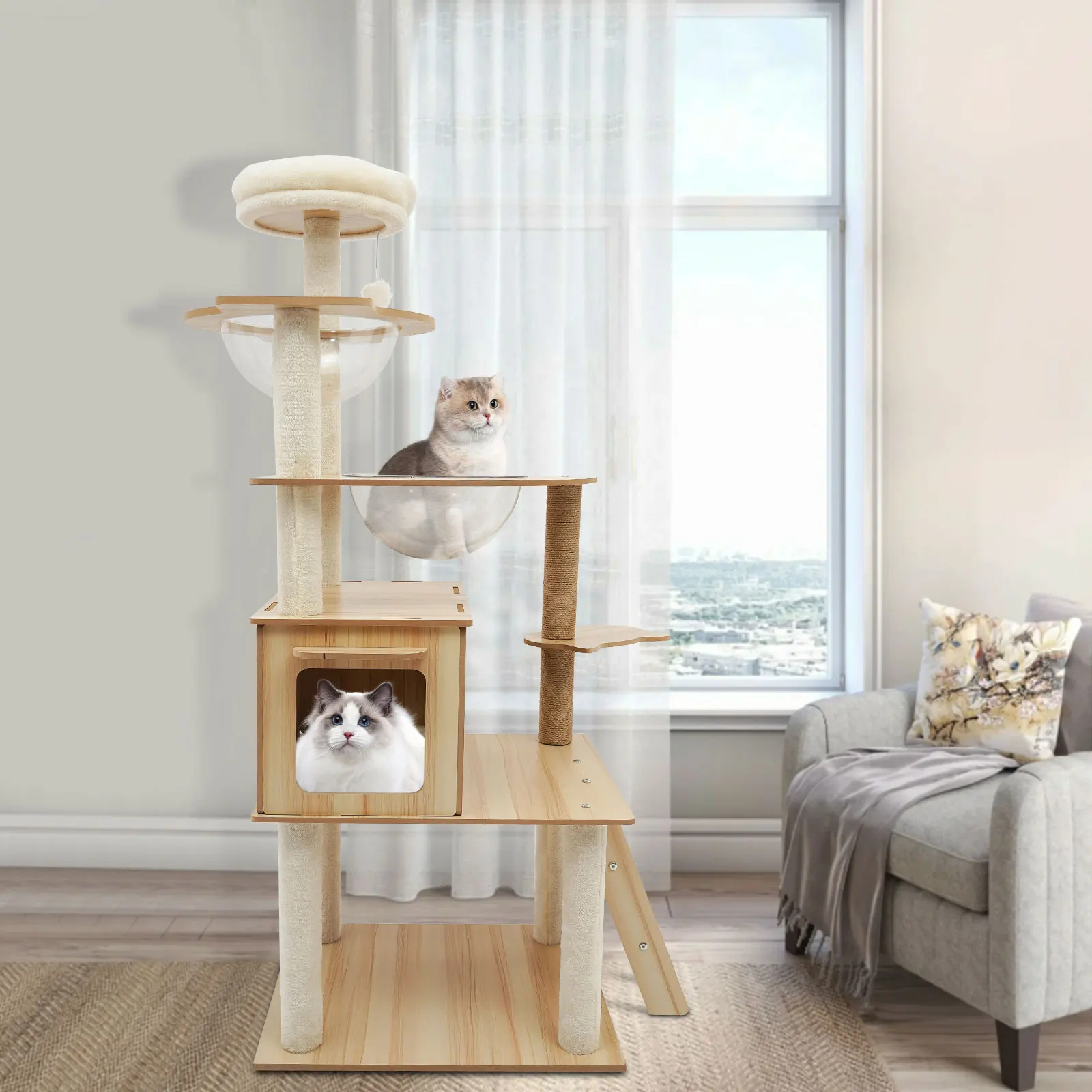 

5-Tier Cat Tree with Climbing Steps and Swing Ball for Indoor Large Cats One-piece Large Cat Climbing Frame for Cats of All Age