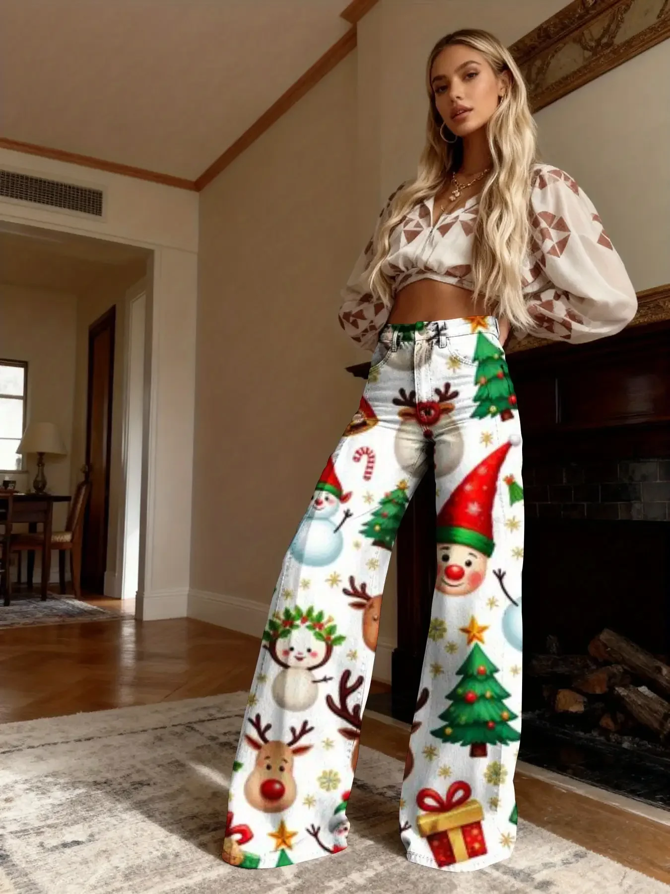 Women's slim fit wide leg flared pants, Full of Christmas elements! Women's loose flared imitation jeans