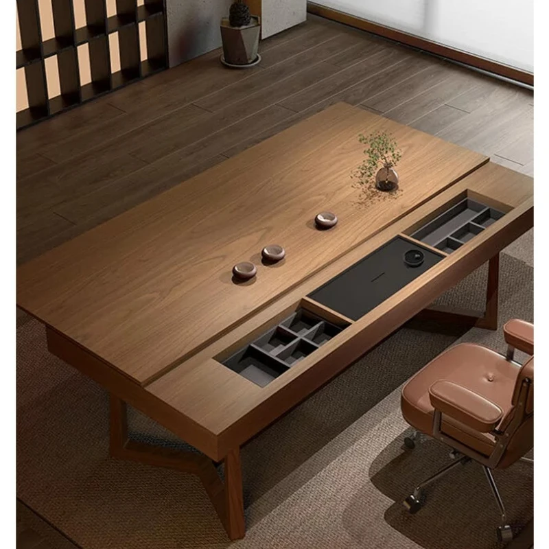 

Italian minimalist new Chinese tea table desk integrated living room household walnut push-pull tea table zen strip table
