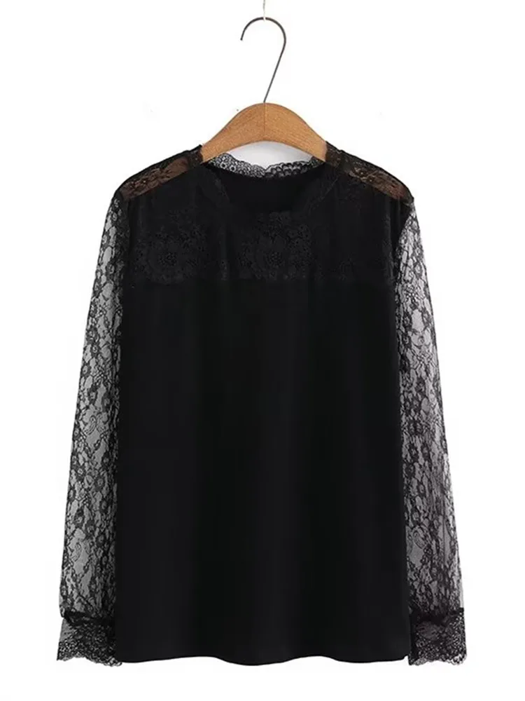 

Plus Size Women's Clothing Long Sleeve Lace T-Shirt High Elastic Lace Bottoming Shirt Black Lace Shirt For Women Under 220pounds