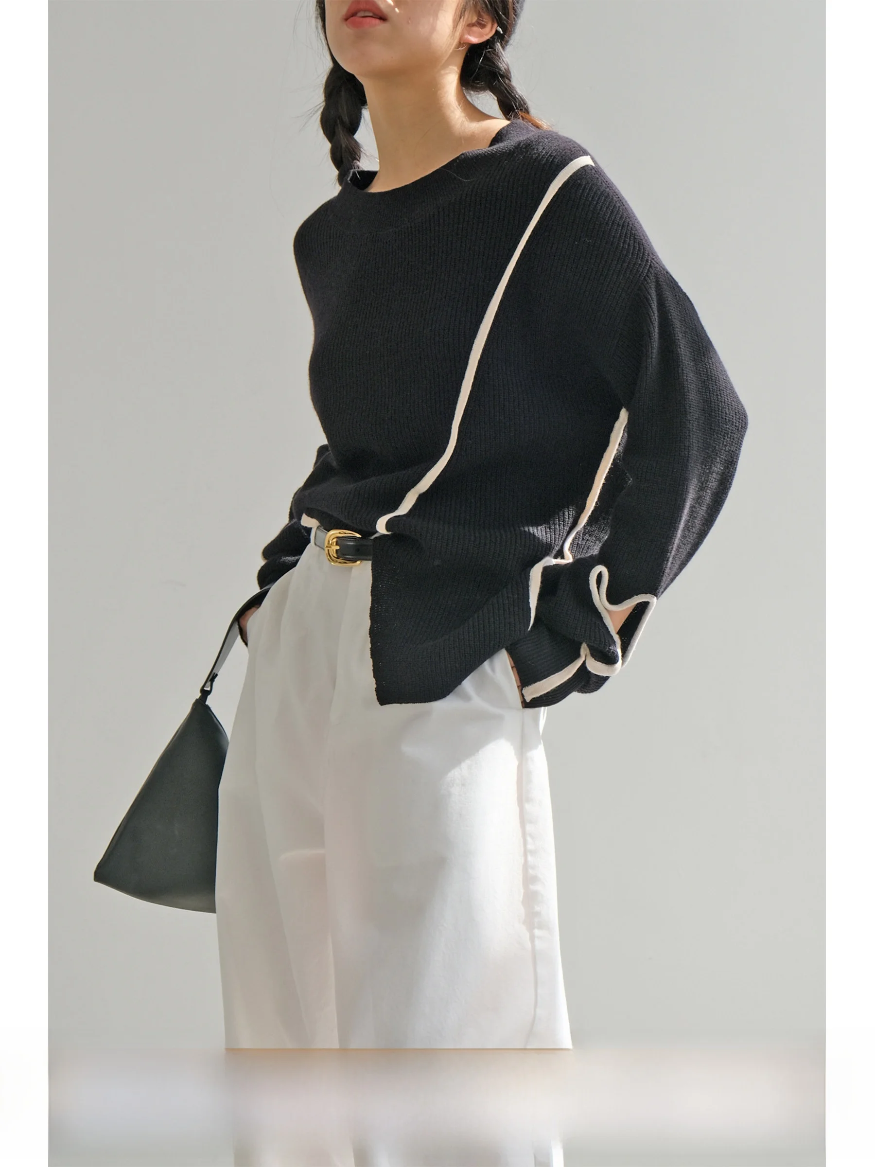 

Шерстяной вязаный свитер с длинным рукавом, асимметричный дизайн, эффект похудения, осенне-зимняя базовая одежда