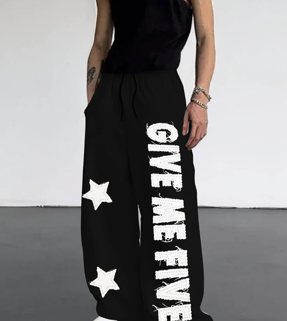 

Men's Casual Printed Sporty Versatile Drawstring Elastic Waist Trousers All Seasons Couple Loose Straight Leg Casual Trousers