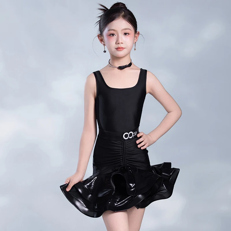 

Girls Latin Dance Costume Childrens Samba Training Clothing Performance Clothes Latin Dance Leather Fishbone Skirt Set XH2752