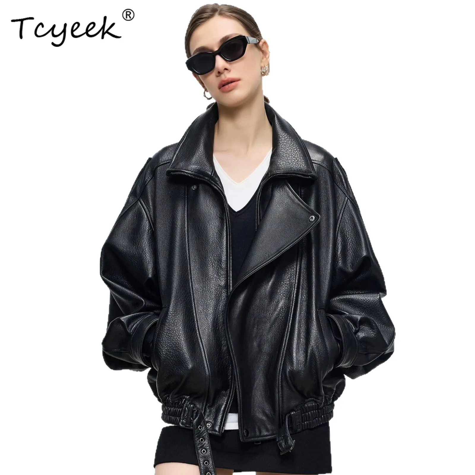 Tcyeek natural Sheepskin Real Leather Jacket Women Clothes Motorcycle Autumn Womens Coats loose Double Collar Jaqueta De Couro