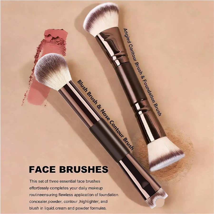 4 PCS Double-Ended Makeup Brush Set for Foundation, Powder, Eyeshadow, Blush , Nose Shadow, Eyeliner Brush, Eyelash Curler
