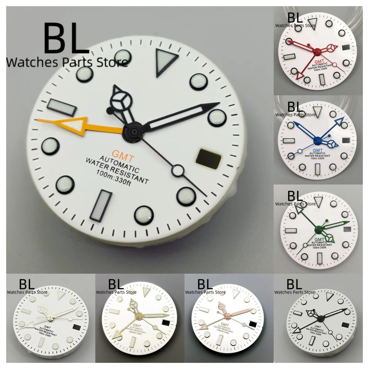 

BLIGER 29mm White GMT Watch Dial Hand Set Black Silver Rose Edge Index Green Luminous Blue Red Orange GMT Fit NH34 Movement Part