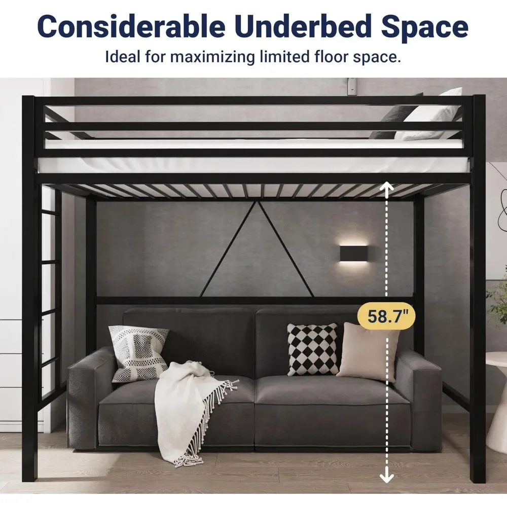 Metal Loft Bed Twin Size with Full Length Guardrail No Box Spring Needed Bed Frame