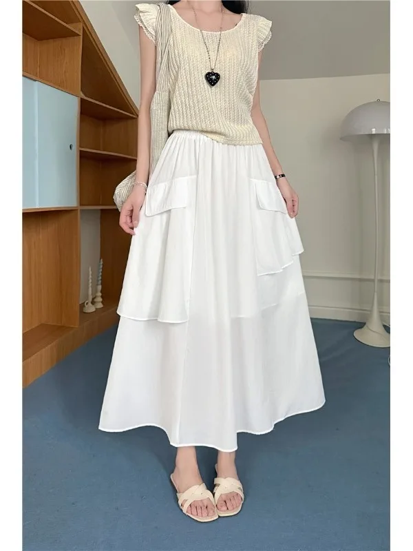 

High Waist Asymmetric Splicing Casual A-Line Skirt Trendy Women's Commute Style Half-length Skirt with Inner