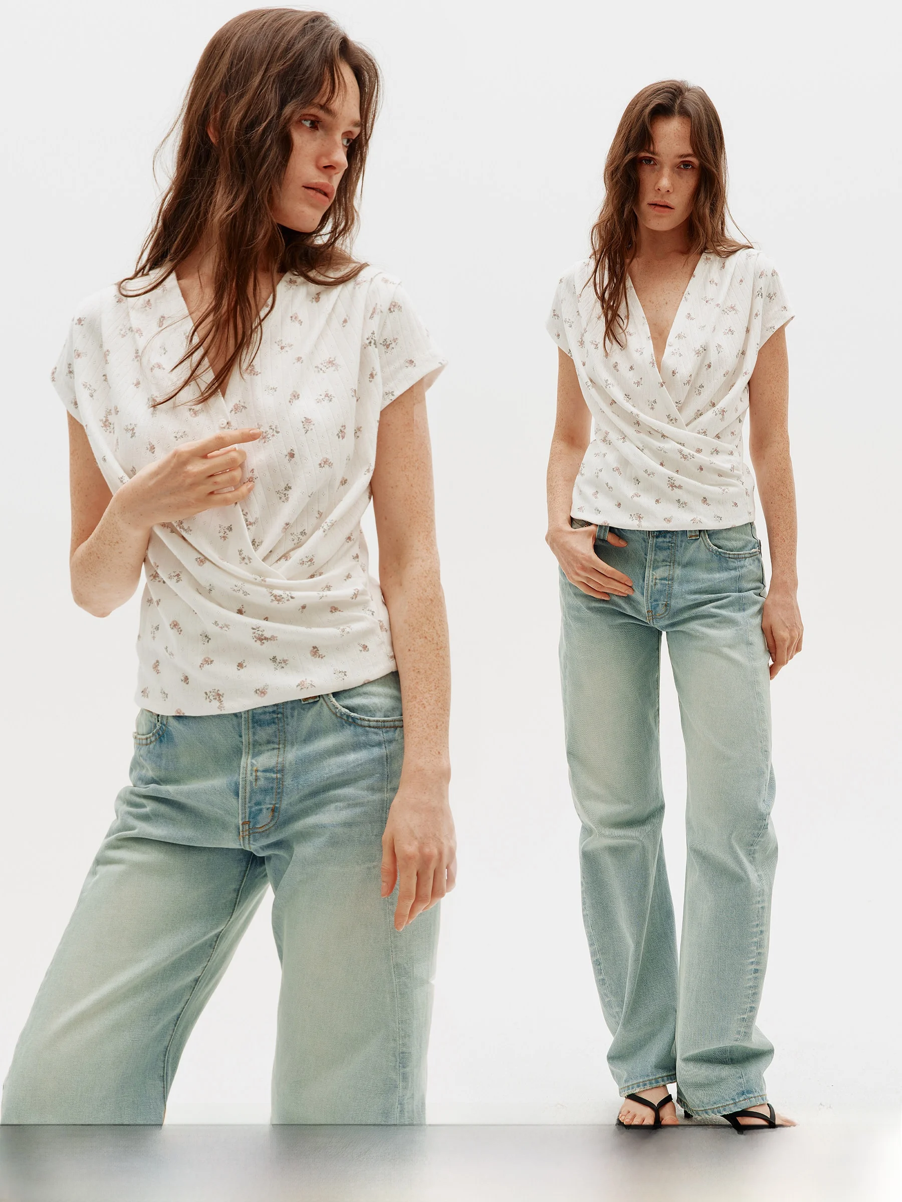 

3rd Women's Floral Print V-Ne ort Sve T-irt Casual Slim Fit Cotton Top Cross Design Faionable Spring Summer