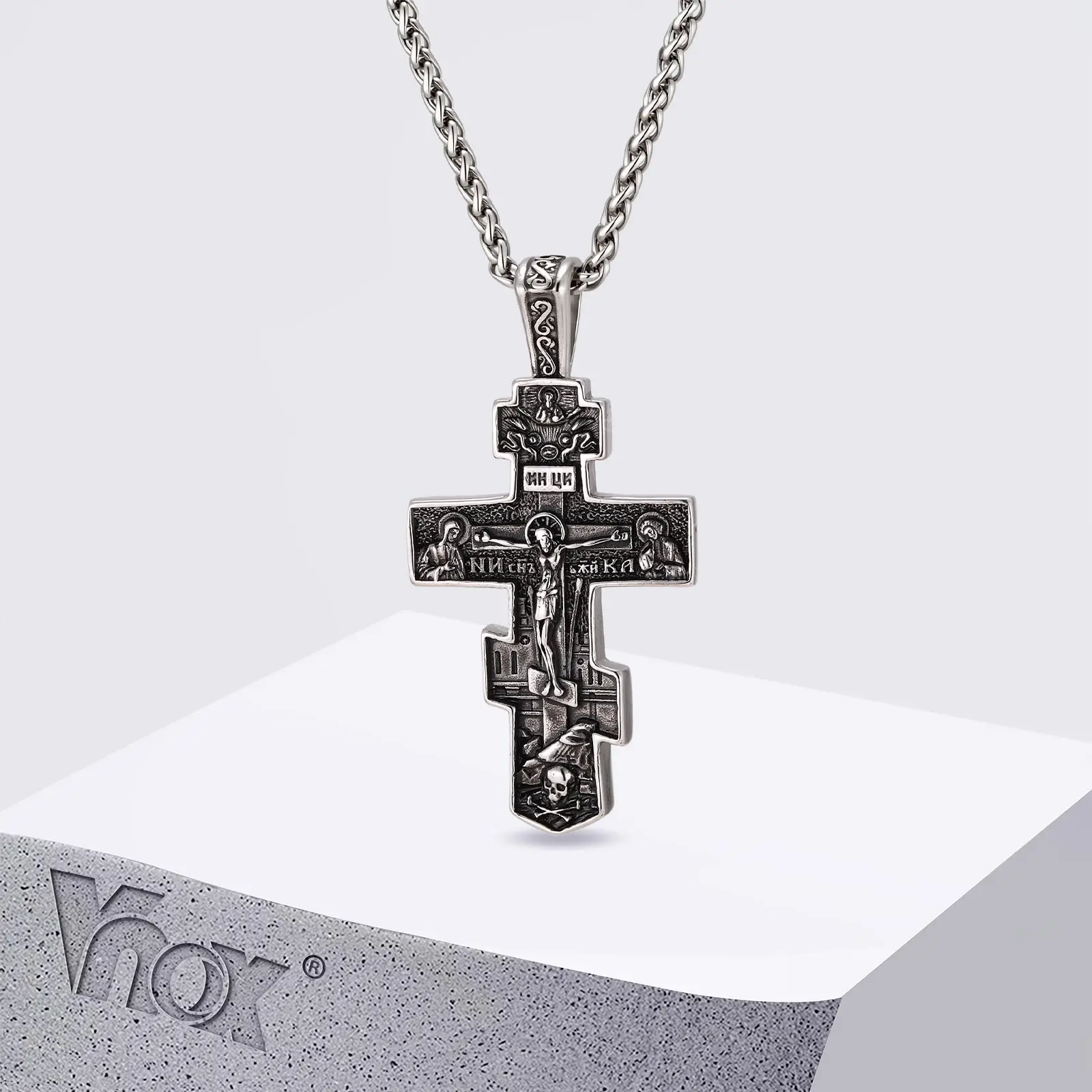 Vnox Herren Orthodoxe Kreuz-Halskette Edelstahl Russisches Jesus-Kruzifix-Anhänger Religiöses Amulett Kette Schmuck Geschenk für Ihn