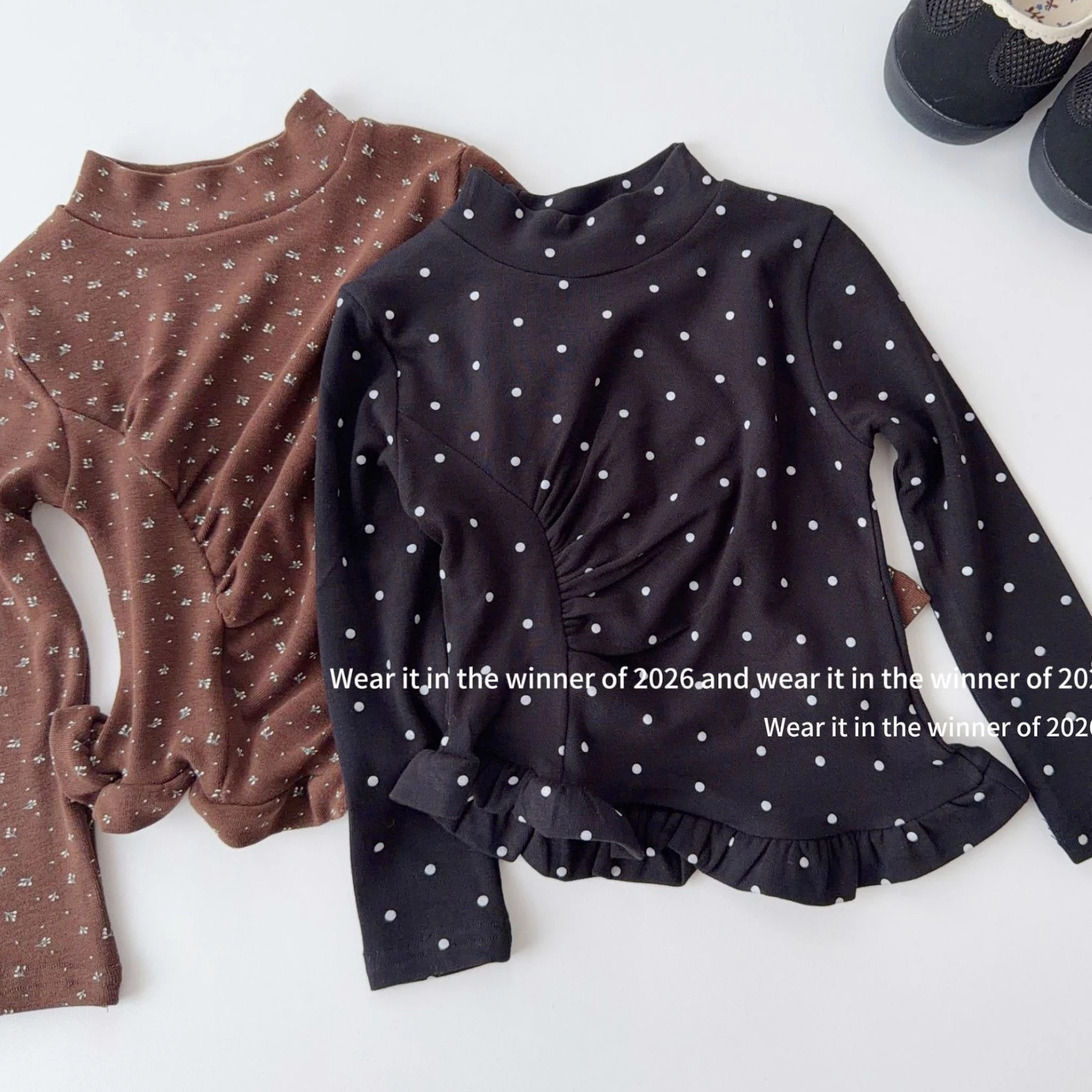 Girls T-shirt 2026 Autumn and Winter New Childrens Clothes Girls Baby Wooden Ear Edge Pinching Waist Wave Dots Floral Undershirt