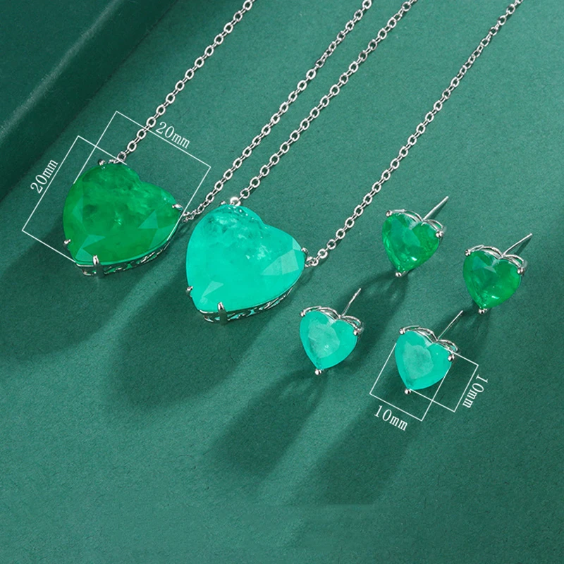 925 Sterling Silver Paraiba Emerald Simple Heart Necklace Earrings for Women Girls Vintage Tourmaline Gemstone Part Jewelry Set