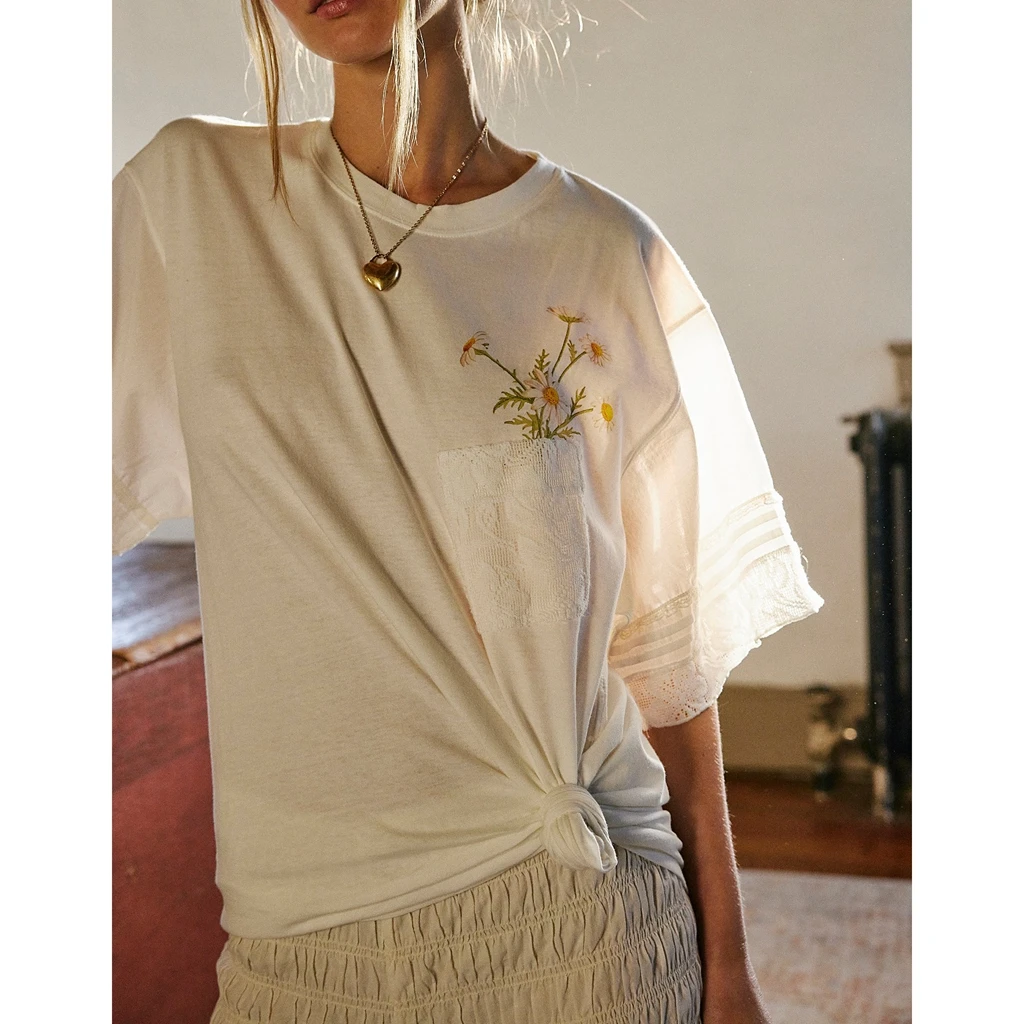 Frauen Y2K Ästhetische Tasche T-shirt Rundhals Streifen Floral Spitze Patchwork Kurzarm Blumen Druck Sommer Lose Tops