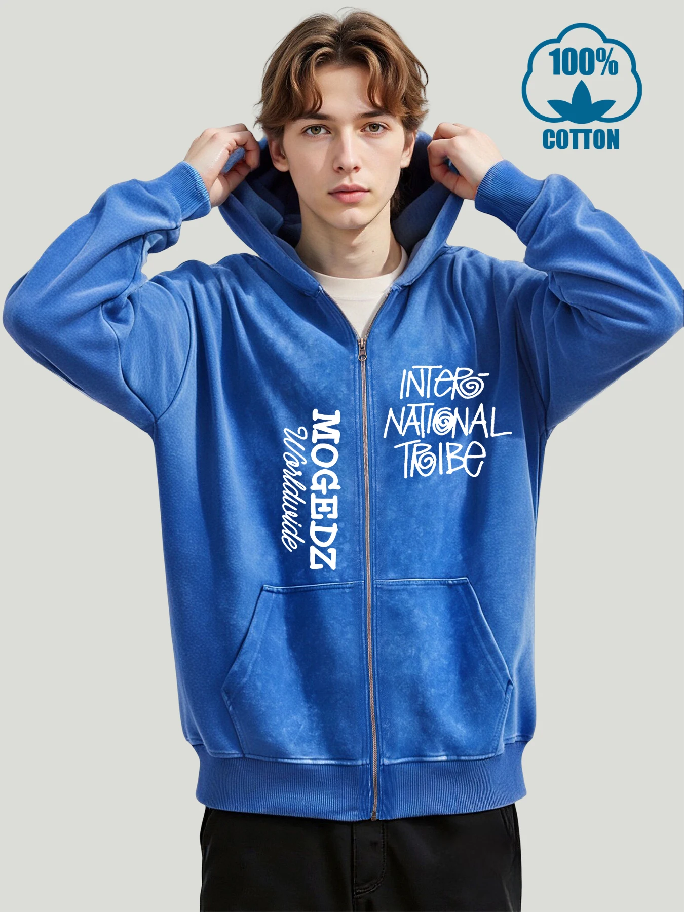 

Intero National S Mogedz Print Washed Zipper Hoodies Male Loose Comfortable Hoodie Soft Cotton Zip-Up Hoody Casual Street Top