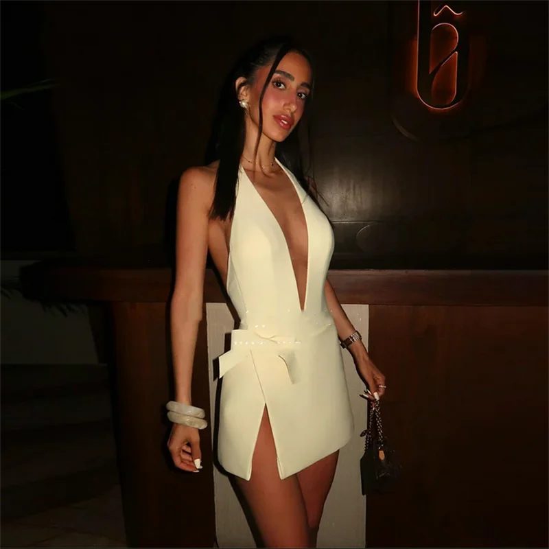 Vestidos de fiesta de satén amarillo elegantes, minivestido Sexy con cuello en V profundo, noche de fiesta con lazo, vestidos de cumpleaños con hendidura, lujo, 2025 personalizado