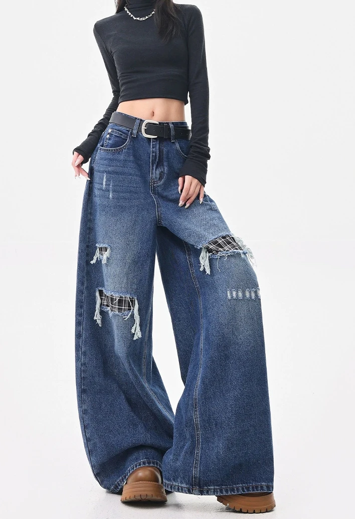 Mulheres y2k americano streetwear calças retalhos rasgado denim cintura alta em linha reta calças de perna larga outono novo estilo