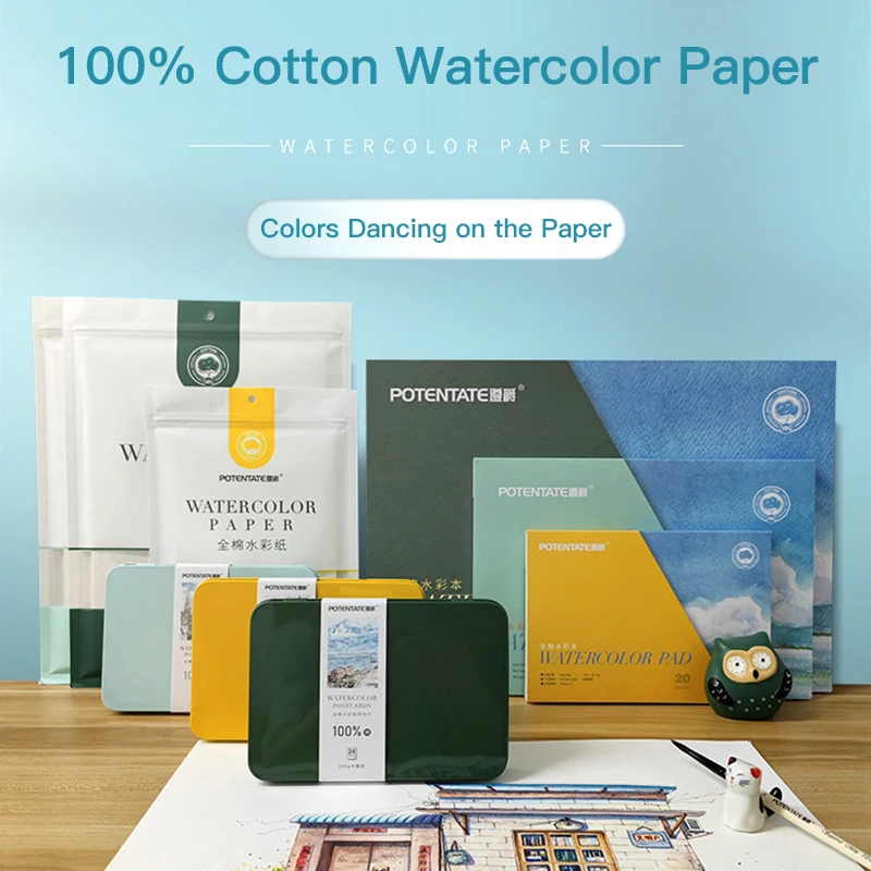 POTENTATE 300g Cotton Watercolor Paper with Bag Cold Press Hot Press Rough for Sketching Painting 8K 16K 32K Portable Acid Free