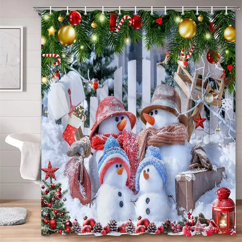 Winter Christmas Shower Curtains Funny Santa Claus Reindeer Forest Town Night Snow Scene Wall Hanging Xmas Home Bathroom Decor