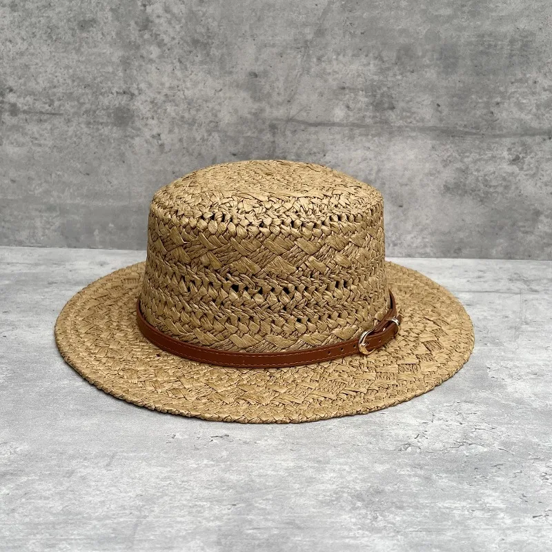 Women's Summer Vintage Flat Top Handwoven Hollow Out Breathable Straw Sun Hat Vacation Cap