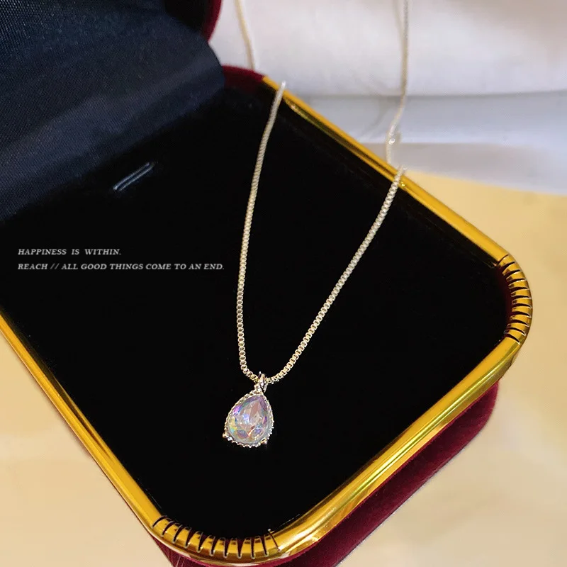 Dainty Teardrop Iridescent Zircon Silver Pendant Necklace for Women, Tiny Rainbow Pear Crystal Box Chain Choker, Minimalist Delicate Daily Jewelry, Romantic Birthday Anniversary Gift for Teen Girls - view 5