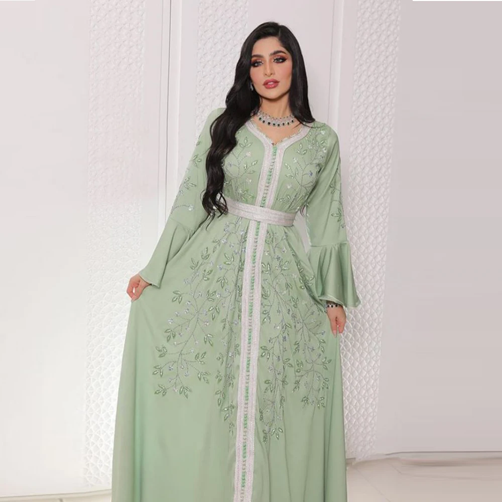 Uni Dubai Fashion Belted Long Dresses Beading Elegant Mulsim Women Eid Clothing Galabia Moroccan Saudi Kaftan Islam Abayas