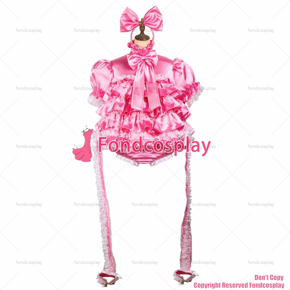 fondcosplay adult sexy cross dressing sissy maid short pink satin dress lockable Handcuffs jumpsuits rompers CD/TV[G2424]