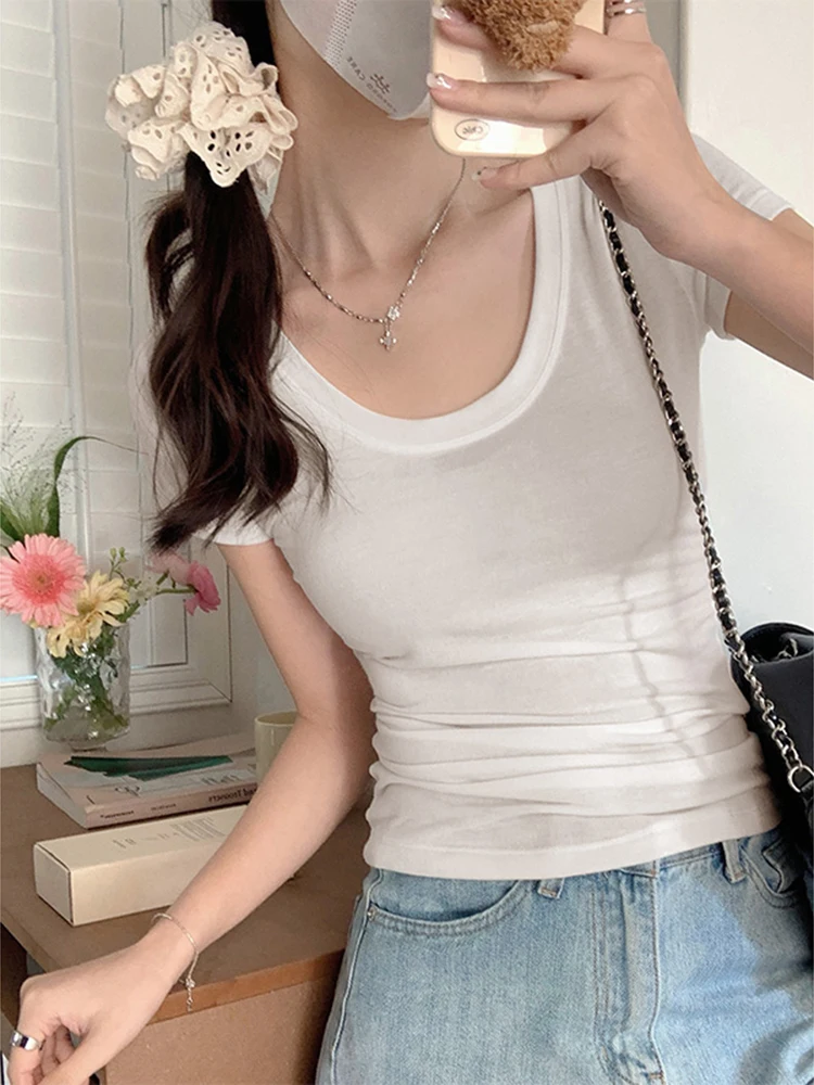 Sexy O Neck Slim T Shirt Women Cotton Elastic Basic Solid Female Casual Tops Short Sleeve Thin T-shirts See Through