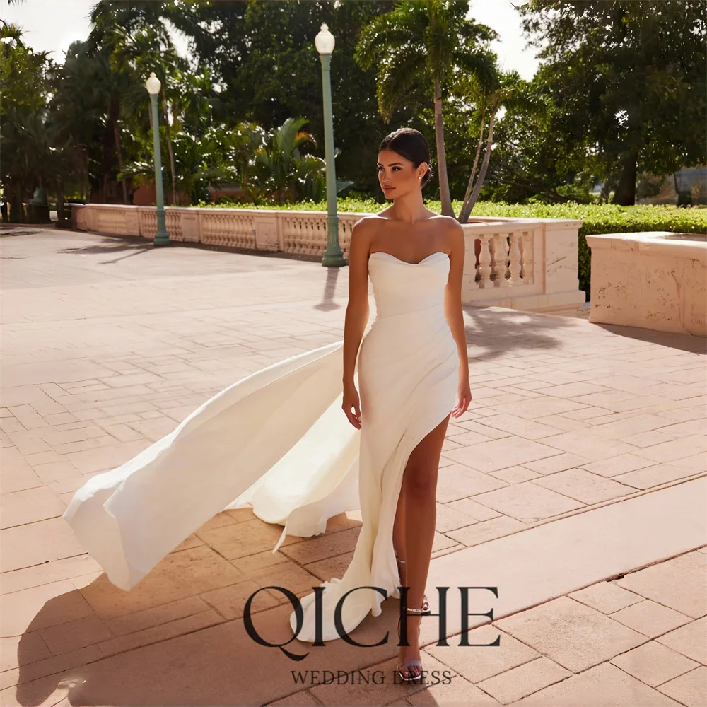 QICHE-Vestidos De novia De sirena sin mangas, De lujo, con cuello en V, con tren, abertura larga, espalda abierta, personalizado