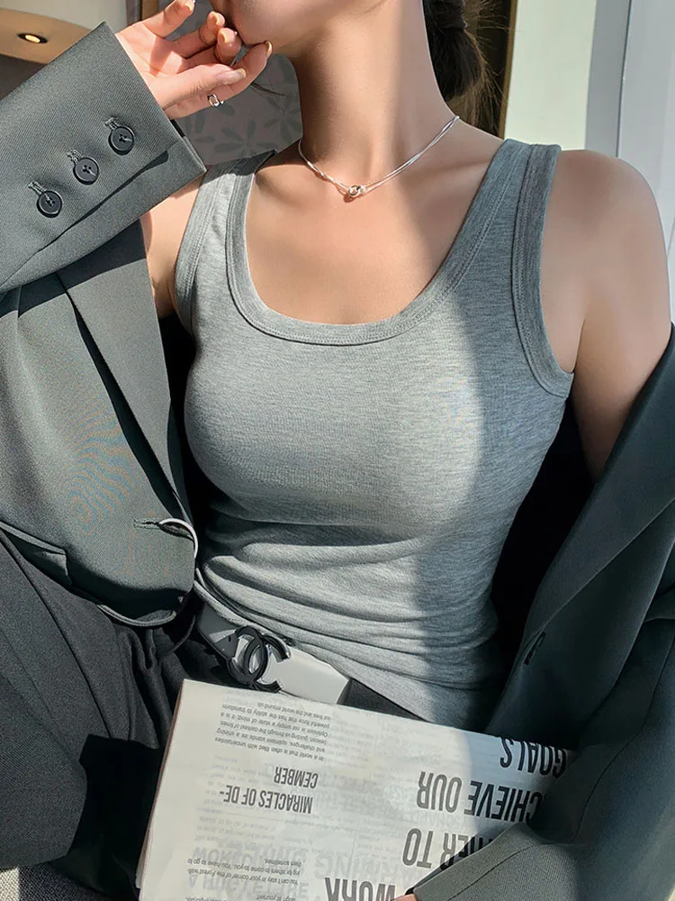 Women U Neck Ribbed Knit Tank Top Wide Fixed Strap Soft Stretch Daily Basic Layering Vest